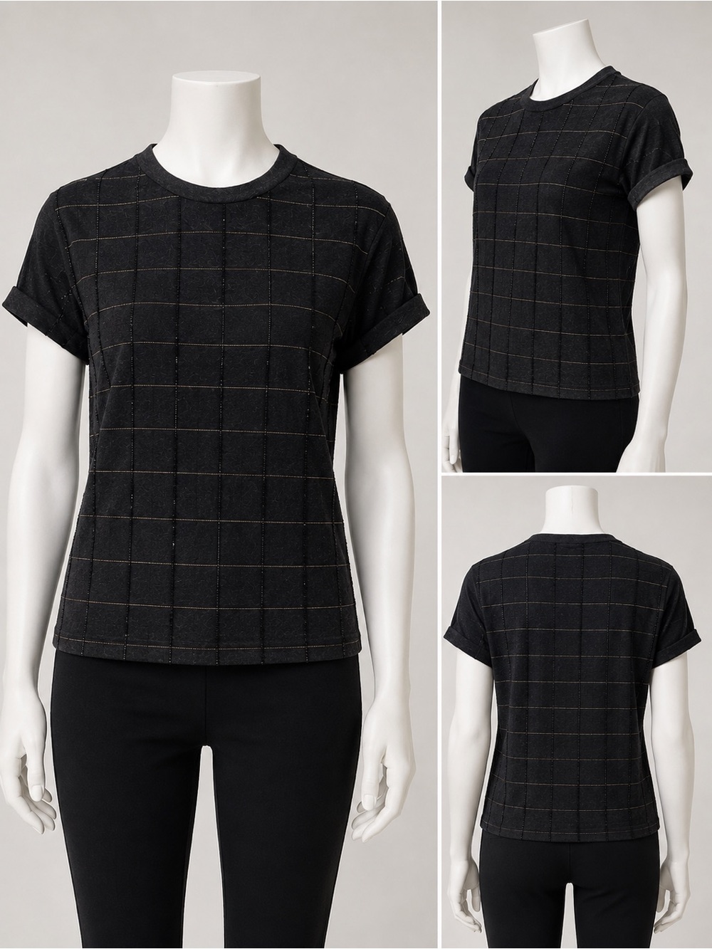Brunello Cucinelli Black Grid Short Sleeve Crewneck Tee
